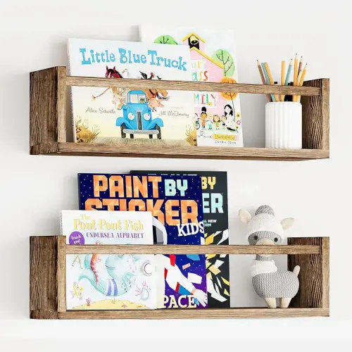 Fixwal Nursery Book Shelves, 2pcs 16.5 Inch Floating Bookshelves for Nursery Decor, Solid Wood Wall Mounted Shelves for Books, Toys and Decor Storage (Brown)