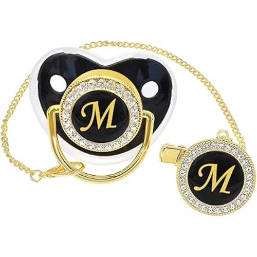 Bling Personalized Black Baby Pacifier with Pacifier Clips and Anti-dust Cover A-Z 26 Letters(Black,M)