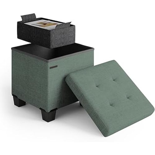 Storage Ottoman Cube with Small Bin, 16-in Square Ottoman with Storage for Living Room and Bedroom, Small Ottomans Foot Rest, Fabric Foot Stools Ottomans Max 330lbs, Green
