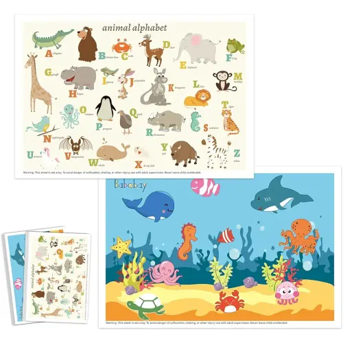 Babebay Disposable Placemats for Baby, 60 Pack Sticky Toddler Placemat for Restaurants, Dining Table, Party, Travel, 12" x 18" with 2 Designs