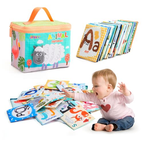Jollybaby Reusable Soft Cloth ABC Alphabet/Letters Animal Flash Cards for Baby 0-3-6-9-12-18 Month, Curious Baby First Words Learning Activity Flashcards, Tummy Time Toy Gift for 1 Year Old Boy Girl