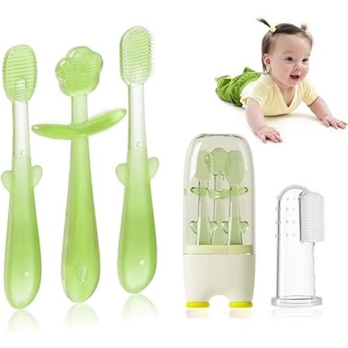 FOKiiBO Baby Silicone Toothbrush Set, Toothbrush + Tongue Brush + Toothbrush + Finger Toothbrush with Cup for Training Teething, 0-18M Infant Toddler Newborn Baby Teeth Brushes - Green1