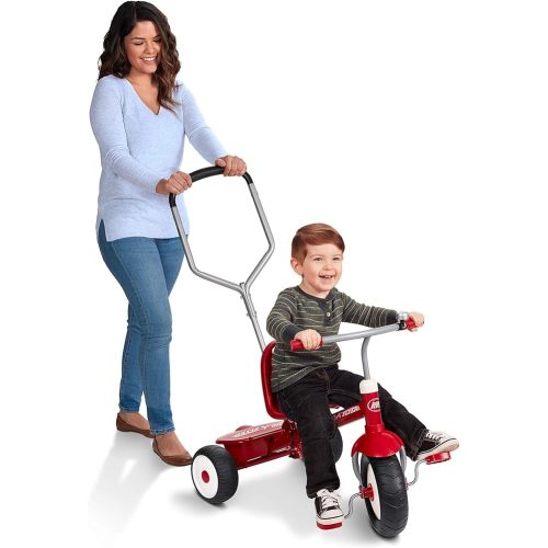 Radio Flyer Deluxe Steer & Stroll Trike, Red, for Kids 2-5, 2-in-1 Parent Steer Tricycle, Removable Push Handle, Adjustable Seat, Steel Frame, Covered Storage Bin, Tricycle for Toddlers and Kids