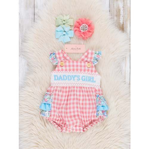Pink Gingham Daddy's Girl Smocked Ruffle Bubble