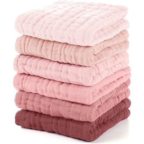Muslin Baby Washcloths 6 Pack, 100% Cotton Wash Cloths for Babies, Large 12''X12'' Burp Cloths Absorbent and Soft for Newborn Infants Kids Boys Girls - Gradient Pink