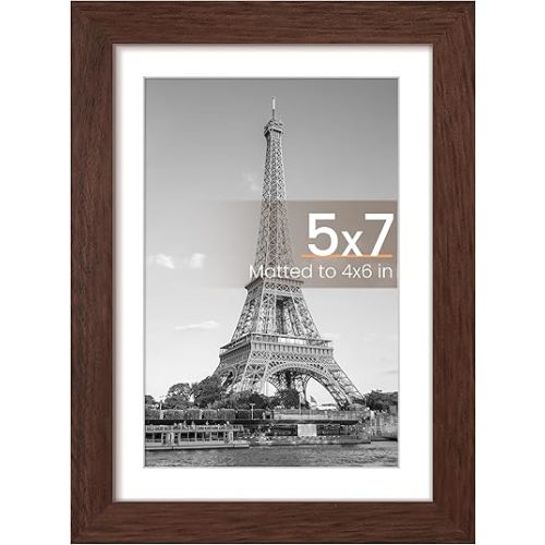 upsimples 5x7 Picture Frame, Display Pictures 4x6 with Mat or 5 x 7 Without, Wall Hanging Photo Frames, Brown, 1 Pack