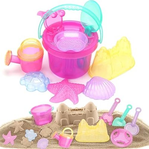 LotFancy Pink Sand Toys for Toddler Girls, 10PCS Durable Beach Toys Set with Unfoldable Bucket, Castle Molds, BPA Free Sandbox Toys for Ages 2-8, Backyard & Sensory Play Essentials