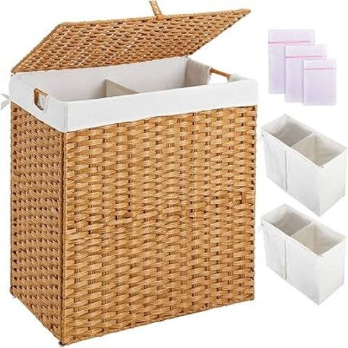Greenstell Laundry Hamper with lid, No Install Needed, 110L Wicker Laundry Baskets Foldable 2 Removable Liner Bags, 2 Section Clothes Hamper Handwoven Rattan Laundry Basket with Handles, Natural