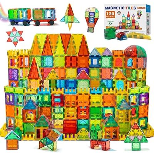 EchoPlan Magnetic Tiles, 130PCS Magnetic Blocks with 2 Cars, Magnet Tiles 3D Clear Building Blocks Set, STEM Sensory Educational Toys Gift for Toddlers Kids Boys 3 4 5 6 7 8 9+ Year Old