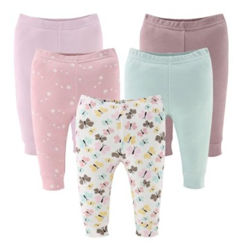 The Peanutshell Baby Girl Pants, Cotton Pull On Pants for 0-3 Months Old, Butterfly Kisses, 5-Pack