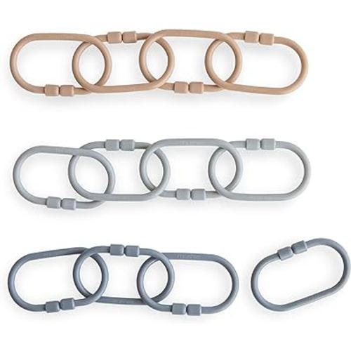 mushie Baby Chain Link Rings Toy 12 Count | Multiuse Car Seat Stroller Connecting Toy (Natural, Stone, Tradewinds)