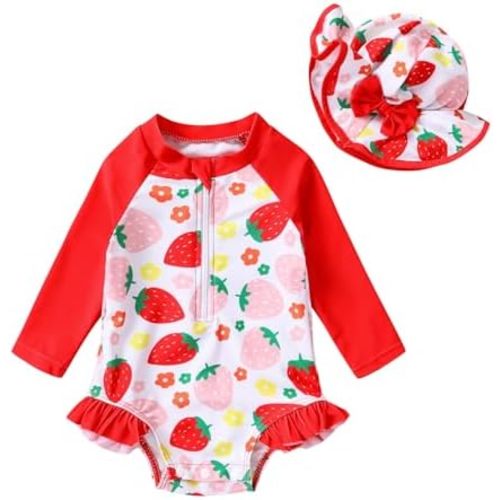 Infant Baby Girl Swimsuit One-Piece Long Sleeve Rash Guard with Hat Set Floral Zipper Bathing Suit Leopard Beach Wear