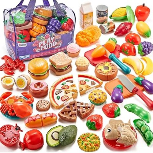Pretend Play Food for Kids Kitchen, 78Pc Cutting Toy Food with Storage Bag