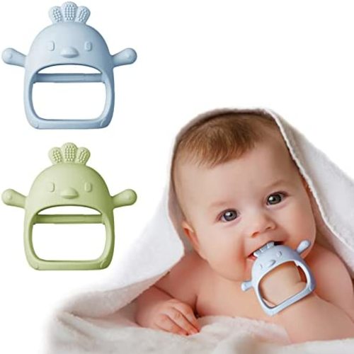 Silicone Baby Teether Toy,Dust-Proof Infants Chew Toys & Soothing Pacifier 2-in-1,Anti-Dropping Silicone Baby Wrist Teether Soothing Pacifier(2 Packs)