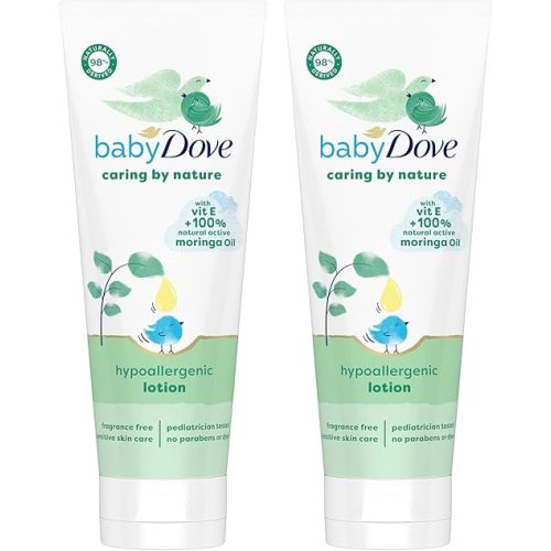Baby Dove Hypoallergenic Lotion Caring By Nature 2 Count Build a Healthy Foundation for Your Baby's Skin Contains Vitamin E and 100% Natural Moringa Oil 13.5 fl oz (Pack of 2)