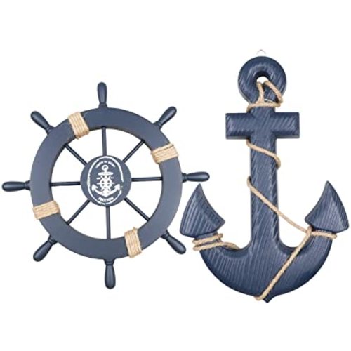 Meching 2 Pack 11" Nautical Beach Wooden Ship Wheel and 13" Wood Anchor with Rope Nautical Boat Steering Rudder Wall Decor Door Hanging Ornament Beach Theme Home Decoration(Dark Blue)