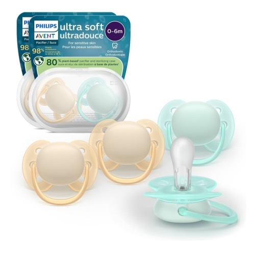 Philips Avent Ultra Soft Pacifiers - Orthodontic Design, for Babies 0-6 Months, Flexible Shield, Silicone Symmetrical Nipple, BPA-Free, 2 Sterilizing Cases, 4 Pack, SCF091/48