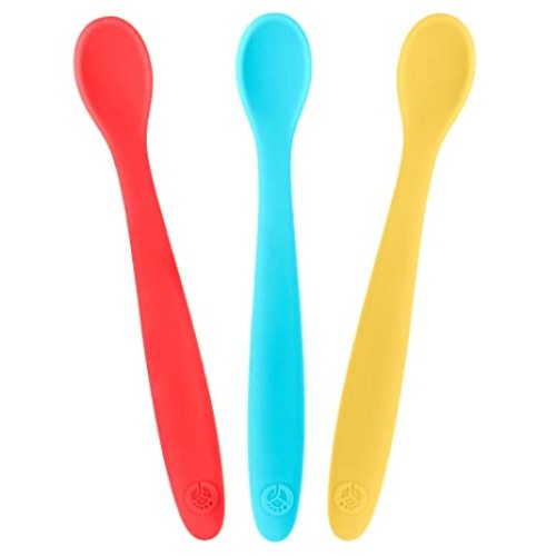 WeeSprout Silicone Baby Spoons - First Stage Infant Feeding Utensils With Soft-Tip, Bendable Kitchenware for Parent & Self-Feeding, Ultra-Durable, Dishwasher Safe, Travel Case, Set of 3 - Bright Red,Blue,Yellow