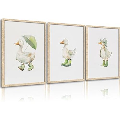 Duck Nursery Canvas Wall Art Funny white duck Cute Animal Baby Room Painting Picture Wall Decor Set of 3 Green Rain Gear Duck Art Print Artwork Print Artwork for Boy Bedroom Kids Nursery