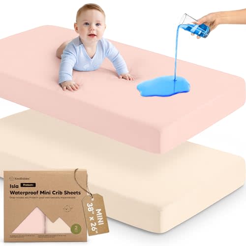 2-Pack Waterproof Pack and Play Sheets, Mini Crib Sheets Fitted for Boy, Girl - 38 x 26 Viscose from Bamboo Pack N Play Mattress Sheets for Graco, Toddler Playard Baby Crib Sheets Neutral (Cameo)