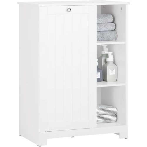 SoBuy Tilt Out Laundry Cabinet, Floor Standing Storage Cupboard with Basket Hamper Unit with Open Compartments, Bathroom White BZR105-W