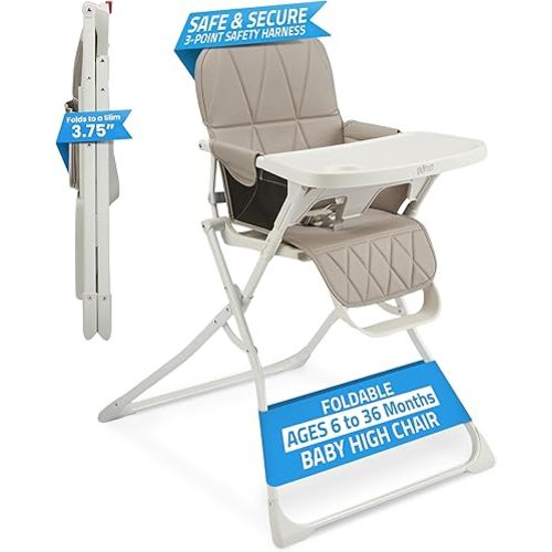 Primo PopUp Folding High Chair for Baby Age 6 to 36 Months - Taupe Folding Beach Style High Chair with Removable Dishwasher Safe Tray, 3pt Safety Harness, Leatherette Seat - Space Saving Design