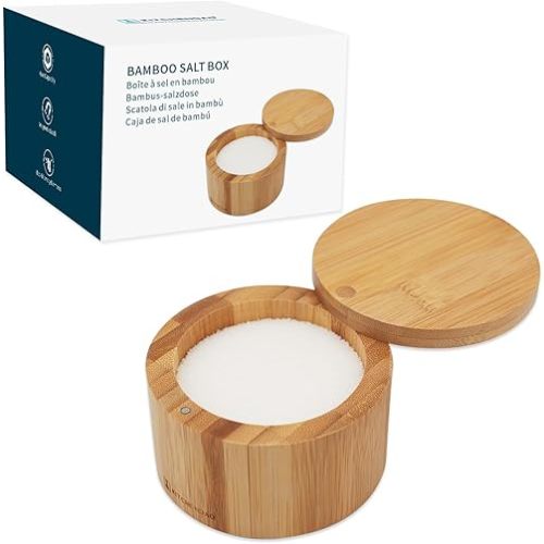 KITCHENDAO Bamboo Salt Cellar Bowl Box,Elegant Kitchen Container Holder with Swivel Magnetic Lid to Store Pepper Spice Bath or Favorite Seasonings, 6oz