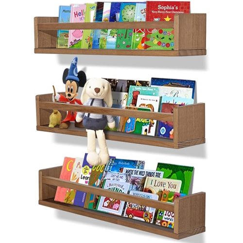 MBYD Light Walnut Nursery Book Shelves, Wooden 16in Floating Wall Bookshelf, Wall Storage Shelves for Nursery Decor, Kitchen, Bathroom