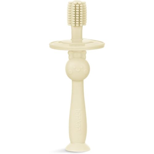 haakaa Infant Toothbrush, Easy to Hold 360° Baby Toothbrush, Train 6month+ Infants Babies and Toddlers for Oral Hygiene, Teether Effect for Sore Gums, 1pc (Cream)