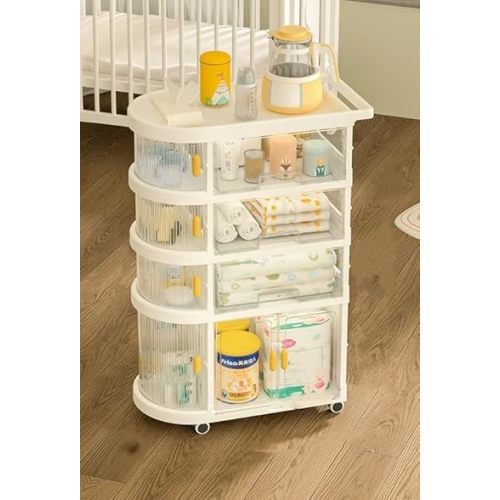 Baby Cart Organizer with Wheels, Drawers Rolling Bedside Cart for Baby Essentials, Kids Bookshelf and Toy Organizer, Baby Caddy Organizer Cart, Rolling Diaper Cart(White,Height 35in/89cm)