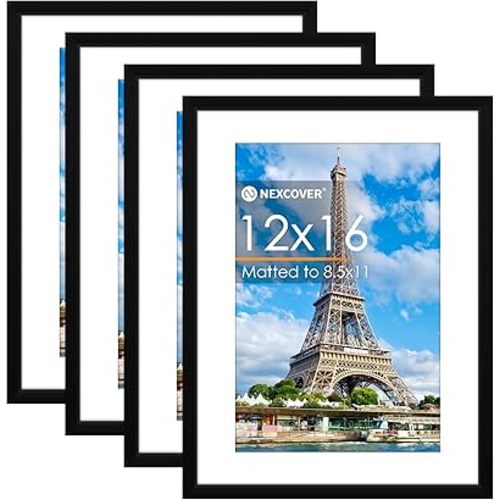 NEXCOVER 12x16 Frame Matted to 8.5x11, Black 4PK Picture Frames 12 x 16 for Horizontal and Vertical Wall Hanging, Lightweight Photo Frames with HD Plexiglass for Poster, Art Painting, Puzzle, Gallery