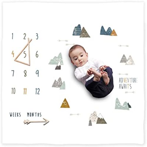 100% Organic Cotton Muslin Monthly Baby Milestone Blanket with Wooden Hello World Newborn Sign, Newborn Photography Props, Birth Announcement Sign, Eucalyptus