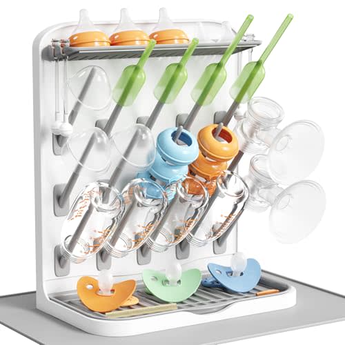 Lifewit Large Baby Bottle Drying Rack with Drain Mat, 15 Hooks Vertical Rack Dryer with Removable Pacifiers Box, Drip Tray, Space Saving Countertop Holder Organizer for Weighted Straws, Pump Parts