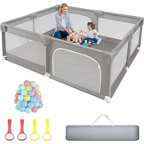 Sour Lemon Baby Playpen 79x71 inch Extra Large Playpen for Babies and Toddlers, Baby Fence Play Pen Yard with Safety Gate Fence with 50 Ocean Balls 4 Pull Rings for Kids Indoor Outdoor