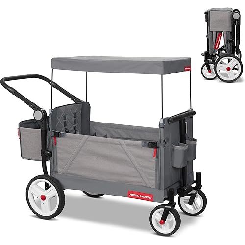 Radio Flyer Odyssey Collapsible Stroll N Wagon Folding Push and Pull Stroller Wagon with Removable Rear Storage Bag for Ages 1 to 3, Light Gray