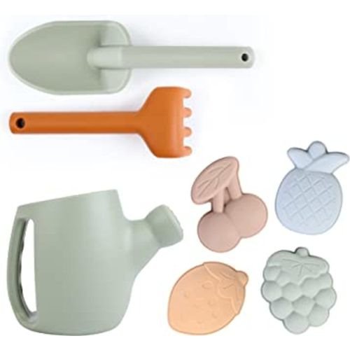 BLUE GINKGO Toddler Gardening Tools - Silicone Beach Toys, Garden Toys for Toddlers | Kids Shovel and Rake Set, Watering Can, Sand Molds | Outdoor Baby Gardening Set (Green)