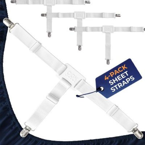 CGK Linens Adjustable Bed Sheet Holders with Metal Clips – Elastic Straps Keep Sheets Secure & in Place in White, Size Standard Crib/Toddler