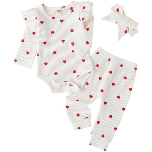 Baby Girl's 3pc Rib Frill Long Sleeve Romper and Pant Set