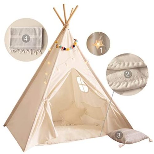 PLAYVIBE Kids Teepee Tent for Kids - with Mat, Light String, Pillow & Blanket | Teepee Tent for Kids | Kids Play Tent | Kids Teepee Play Tent | Toddler Teepee Tent for Girls & Boys