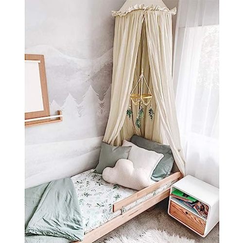 Kids Bed Canopy with Frills Cotton Cover Net for Crib Reading Nook Curtain Hideaway Hanging Round Tent Nursery Bedding Play Room Decor