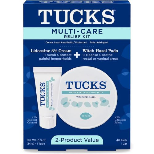 Tucks Multi-Care Relief Kit – 40 Count Witch Hazel Pads & 0.5 oz. Lidocaine Cream - Protects from Irritation, Hemorrhoid Treatment Medicated Pads Used by Hospitals - 2 Piece Set - Cooling Pads With Lidocaine