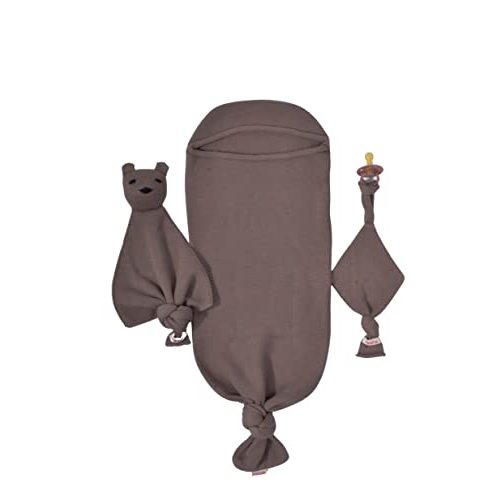 Newborn Essential Baby Swaddle Blanket Set, 1 Piece Set (1 Pacifier Holder, 1 Cocoon Swaddle Sleep Sack, 1 Teddy Bear), 0-8 Months Baby -Coffee