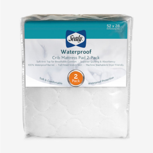 Sealy Baby 2-PACK Fitted Waterproof Infant Crib Mattress Protector Pad and Toddler Bed Cover, Durable and Comfortable Topper, Machine Washable and Dryer Friendly, 52” x 28”- White