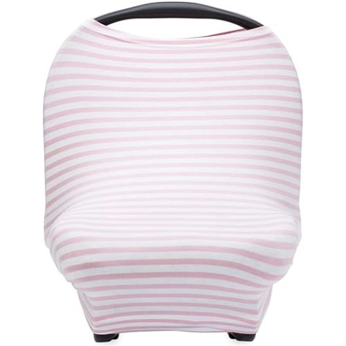Parker Baby 4 in 1 Car Seat Cover for Girls - Stretchy Carseat Canopy, Nursing Cover, Grocery Cart Cover, Infinity Scarf - Pink/White Stripes