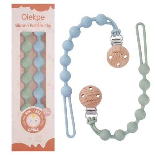 Pacifier Clips for Baby Boys Girl - 100% Food Grade Silicone, One Piece Pacifier Clip Holder, Wooden Clips Design, Paci Clip Soothe Baby Binky Holder for Shower Birthday Gift(SE)