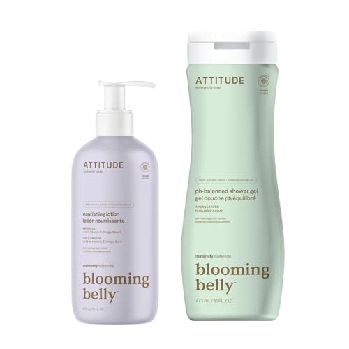 Bundle of ATTITUDE Pregnancy pH-Balanced Body Wash, EWG Verified, Dermatologically Tested, Vegan Maternity Products, Argan Leaf Extract, 16 Fl Oz + Pregnancy Body Lotion, Argan Oil, 16 Fl Oz