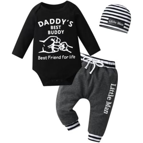 KuKitty Newborn Infant Baby Boy Clothes Long Sleeve Romper + Pants + Hat 3PCS Outfits Set