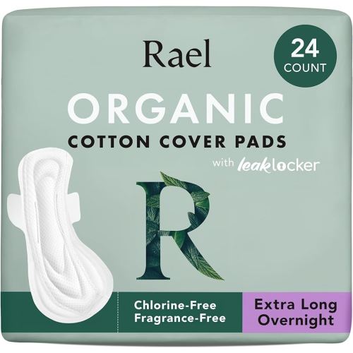 Rael Pads for Women, Organic Cotton Cover - Period Pads with Wings, Feminine Care, Sanitary Napkins, Ultimate Absorbency, Unscented, Ultra Thin (Extra Long Overnight, 24 Count)