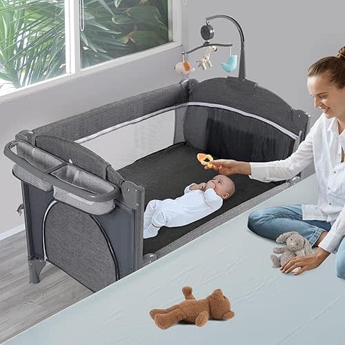 5 in 1 Baby Crib,Baby Bassinet, Bedside Cribs, Pack and Play Changing Table, Portable Travel Baby Bassinet Toys & Music Box,Mattress for Girl Boy Infant Newborn (Grey)