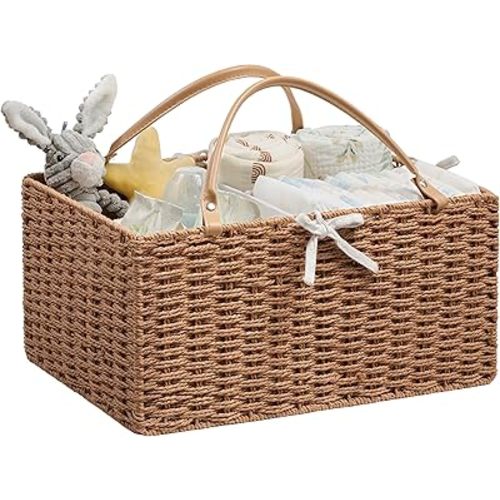 Angelhood Large Paper Rope Diaper Caddy, Baby Essentials Organizer, Portable Baby Shower Baskets Gift Bin, Car Storage Bag for Nursery